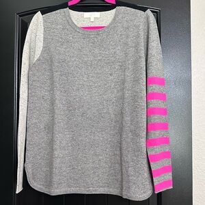 Liza Todd 💗Women's Gray Sweatshirt with Pink Striped Sleeve 💯Cashmere.